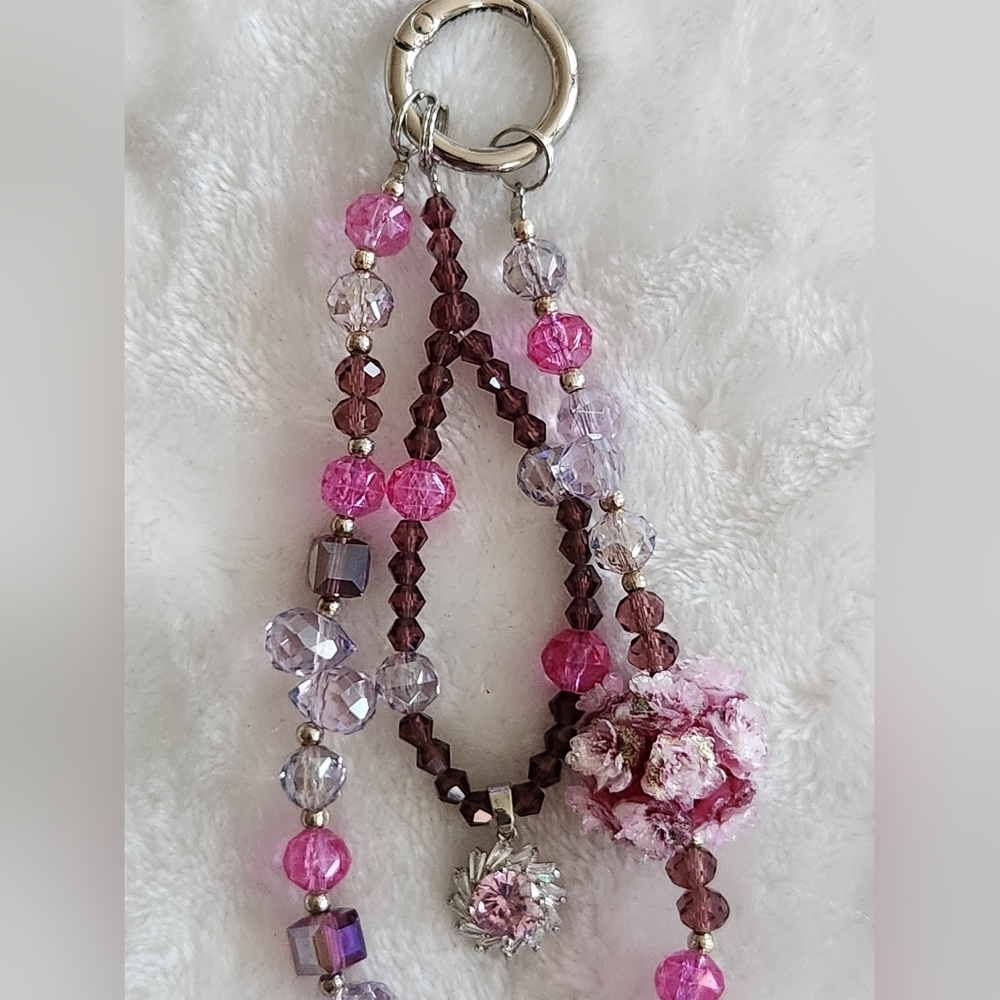 Elegant Floral Pink and Purple Beaded Phone Chain - Picture 4 of 4